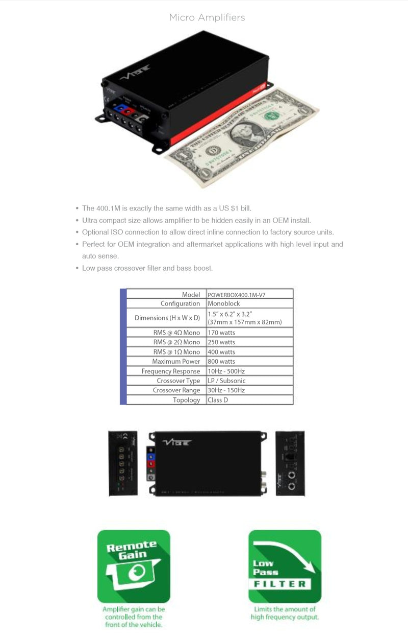 VIBE POWERBOX400.1M-V7: Powerbox 800 Watt Micro Bass Amplifier