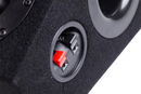 Close-up of EDGE Audio EDBPB8-E5 non-amplified subwoofer enclosure with speaker and tweeter compartment.