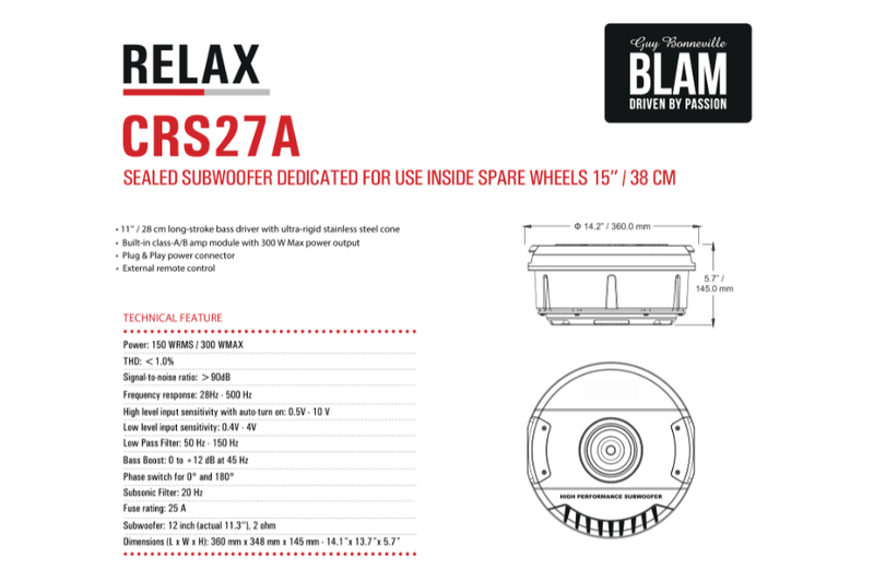 BLAM RELAX CRS27A - 11" Spare Tyre Active Subwoofer With Amplifier