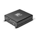 Morel MOR MPD 1.500 mono amplifier showing a sleek black design with control knobs and connection ports on the front panel.