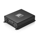Morel MOR MPD 4.100 4-channel amplifier showing black metal casing and control knobs for car audio system.