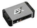 ESX QMX-TWO 2-channel compact amplifier showing front panel with control knobs and input ports for car audio system.