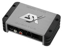 ESX QMX-TWO 2-channel compact amplifier shown from a side angle, showcasing its sleek black design and control panel.