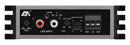 ESX QMX-TWO 2-channel compact amplifier showing front panel with control knobs and input/output ports on a black metal enclosure.