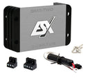 ESX QMX-TWO 2-channel compact amplifier with black metal casing and control knobs for car audio enhancement.