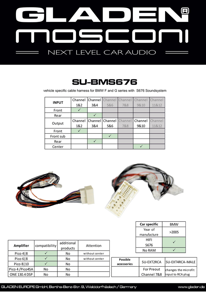 GLADEN SU-BMS676- BMW Plug & Play Harness For MOSCONI PICO DSP Amplifier
